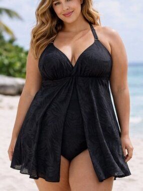 NWT! Swim Solutions Black Palm Flyaway Slimming One Piece Swimdress Swimsuit NEW